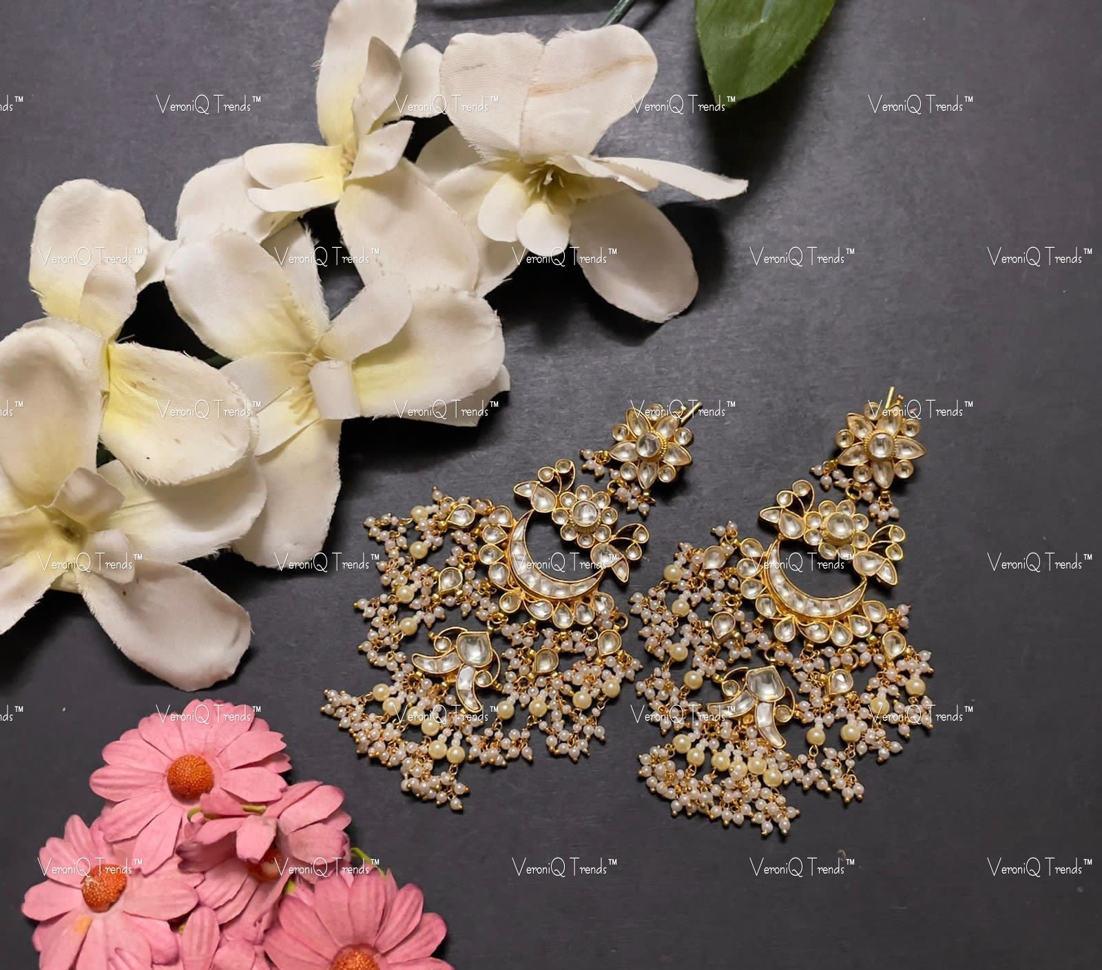 VeroniQ Trends-Handmade Kundan Chandbali Earrings With Pearl Drops-Bridal Jewellery-Engagement-South Indian-Punjabi Jewellery-Pachi Kundan-BS