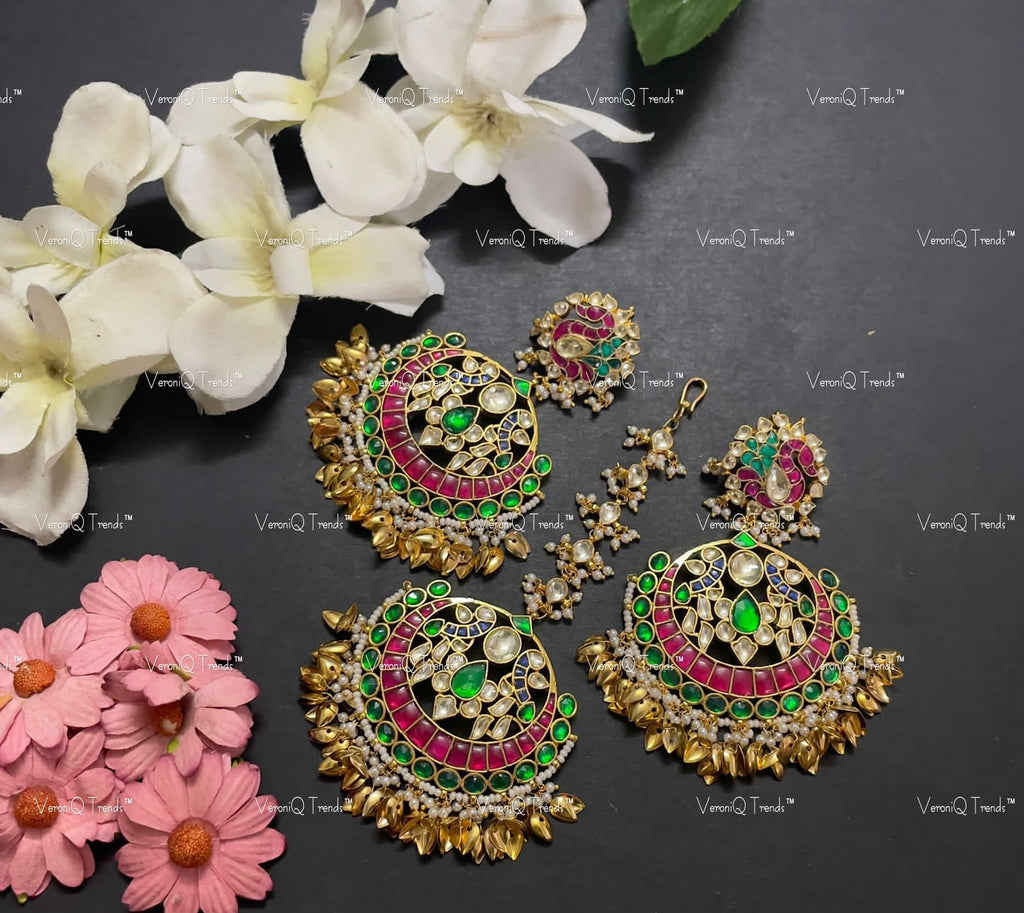 VeroniQ Trends-Handmade Kundan Peacock Chandbali Earrings And Maang Tika With Gold Petal Drops-Bridal Jewellery-Engagement-South Indian-Punjabi Jewellery-BS