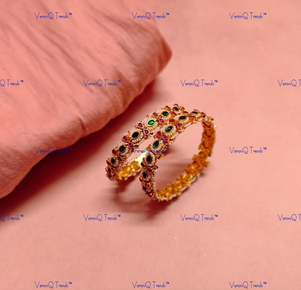 VeroniQ Trends-Gold Plated Kemp Stone and Pearl Pachi Kundan Bangles Pachi Kundan-Gold Plated-Wedding Jewellery-Punjabi Jewellery-South Indian-Thappa Jewellery
