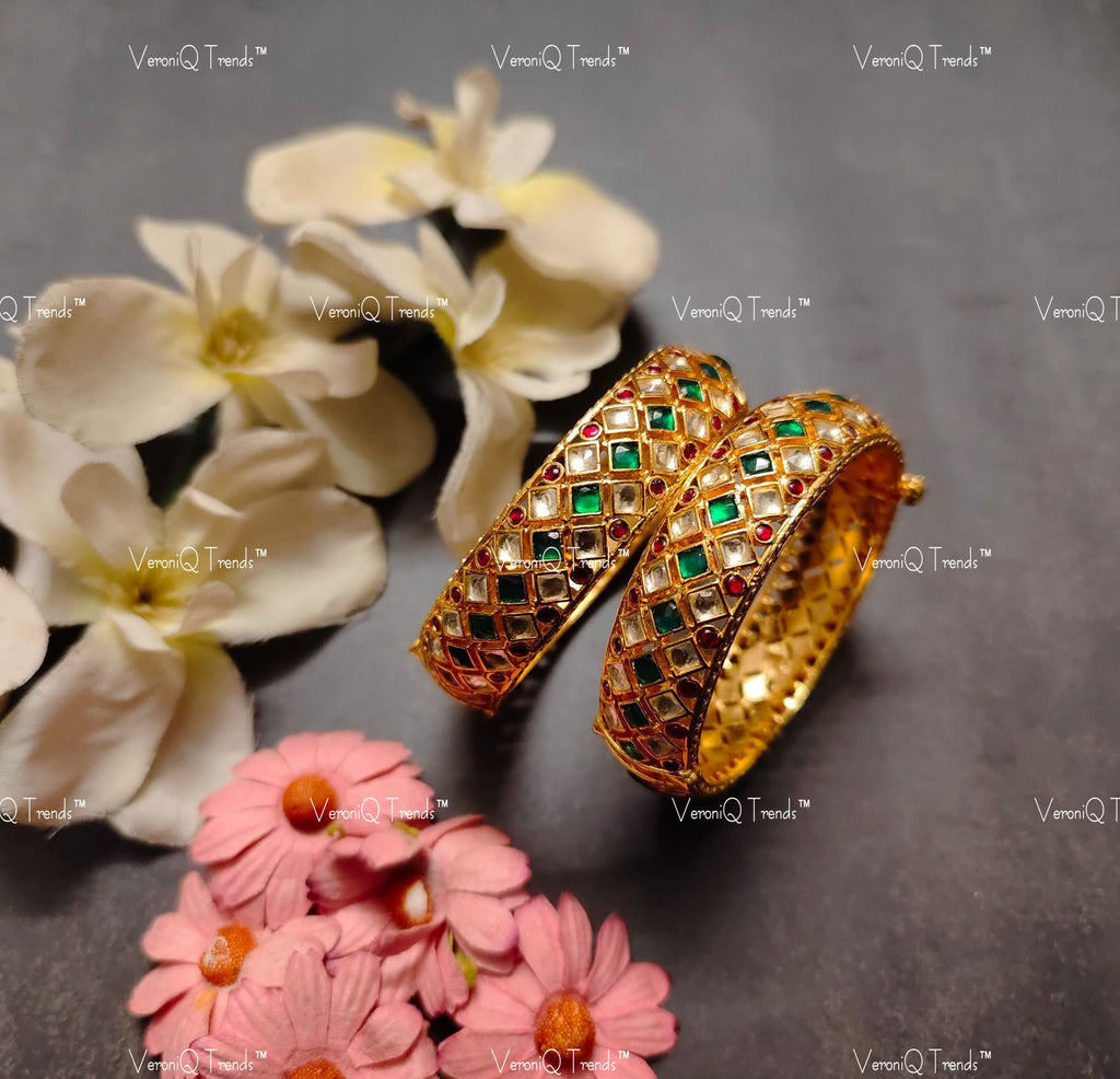 VeroniQ Trends-Gold Plated Pink Kemp Stone Pachi Kundan Bangles Pachi Kundan-Gold Plated-Wedding Jewellery-Punjabi Jewellery-South Indian-Thappa Jewellery
