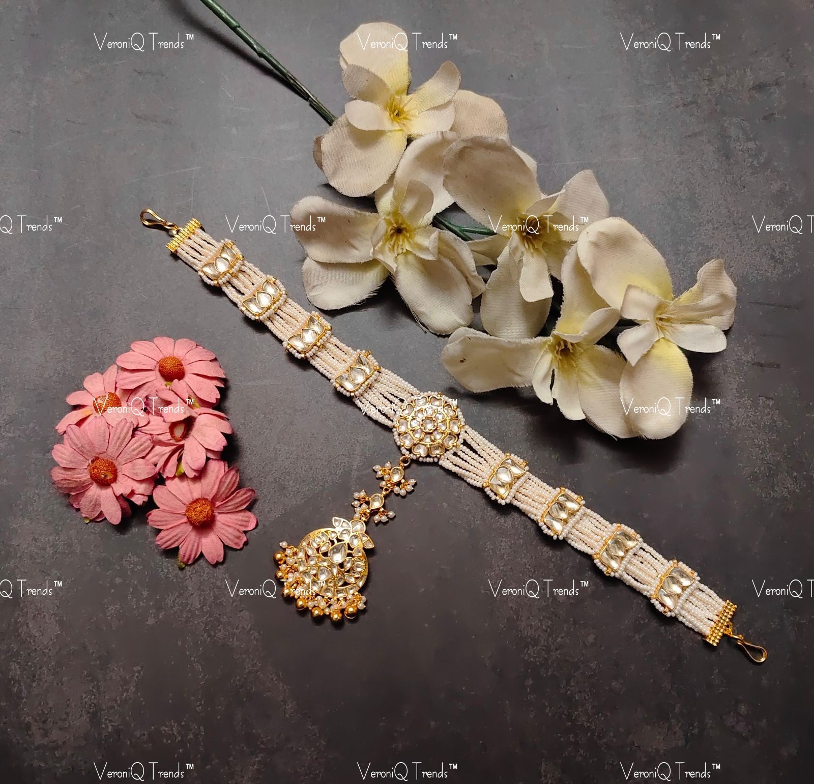 VeroniQ Trend-Multistrand Pearl Gold Plated Pachi Kundan Matha Patti Pachi Kundan-Gold Plated-Wedding Jewellery-Punjabi Jewellery-South Indian-Thappa Jewellery