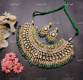 VeroniQ Trend-Bridal Gold Plated Heavy Pachi Kundan Necklace With Beryls Beads Pachi Kundan-Gold Plated-Wedding Jewellery-Punjabi Jewellery-South Indian-Thappa Jewellery
