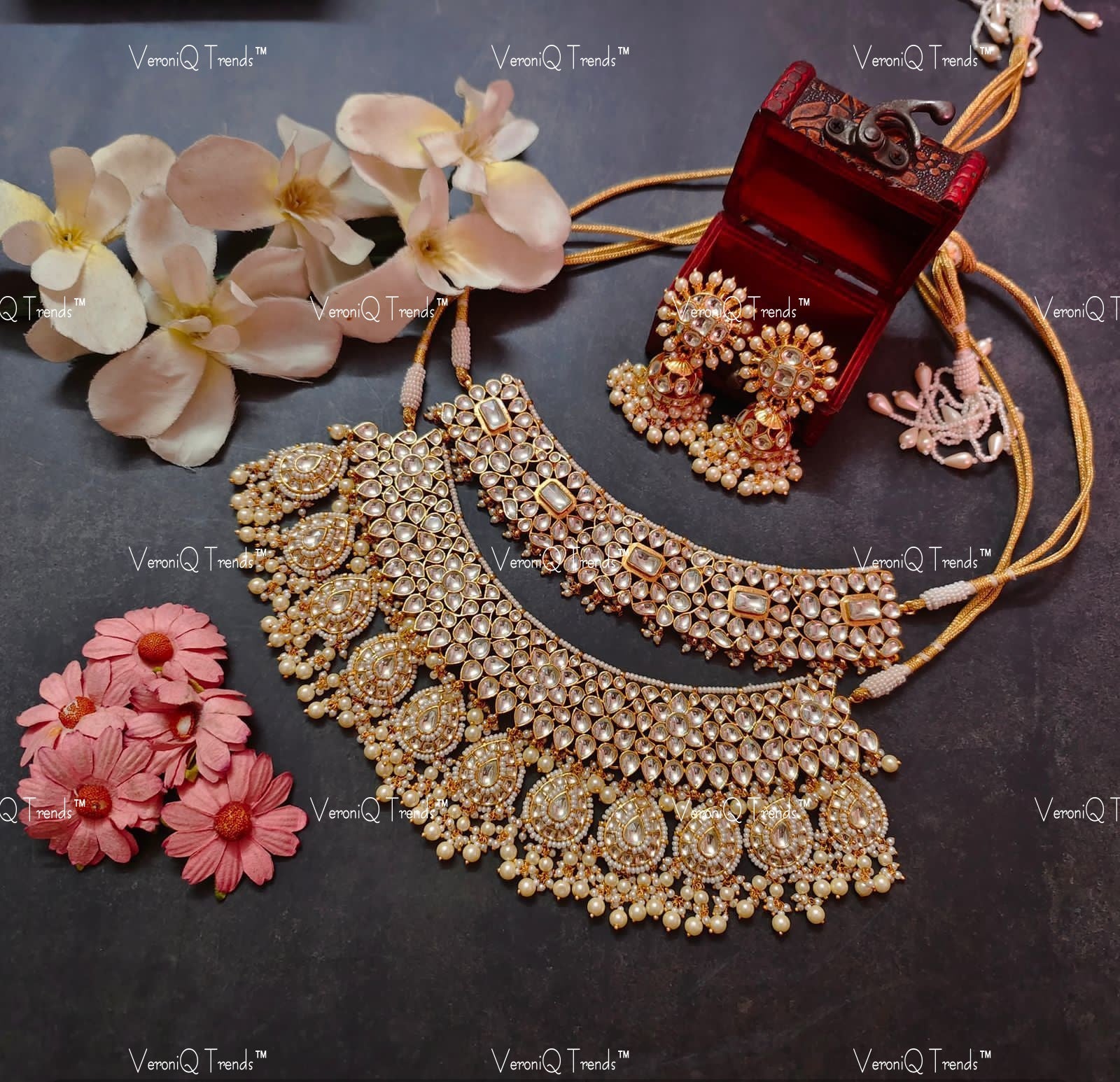 VeroniQ Trend-Rajasthani Style Gold Plated Jadau Pachi Kundan Double Necklace Pachi Kundan-Gold Plated-Wedding Jewellery-Punjabi Jewellery-South Indian-Thappa Jewellery