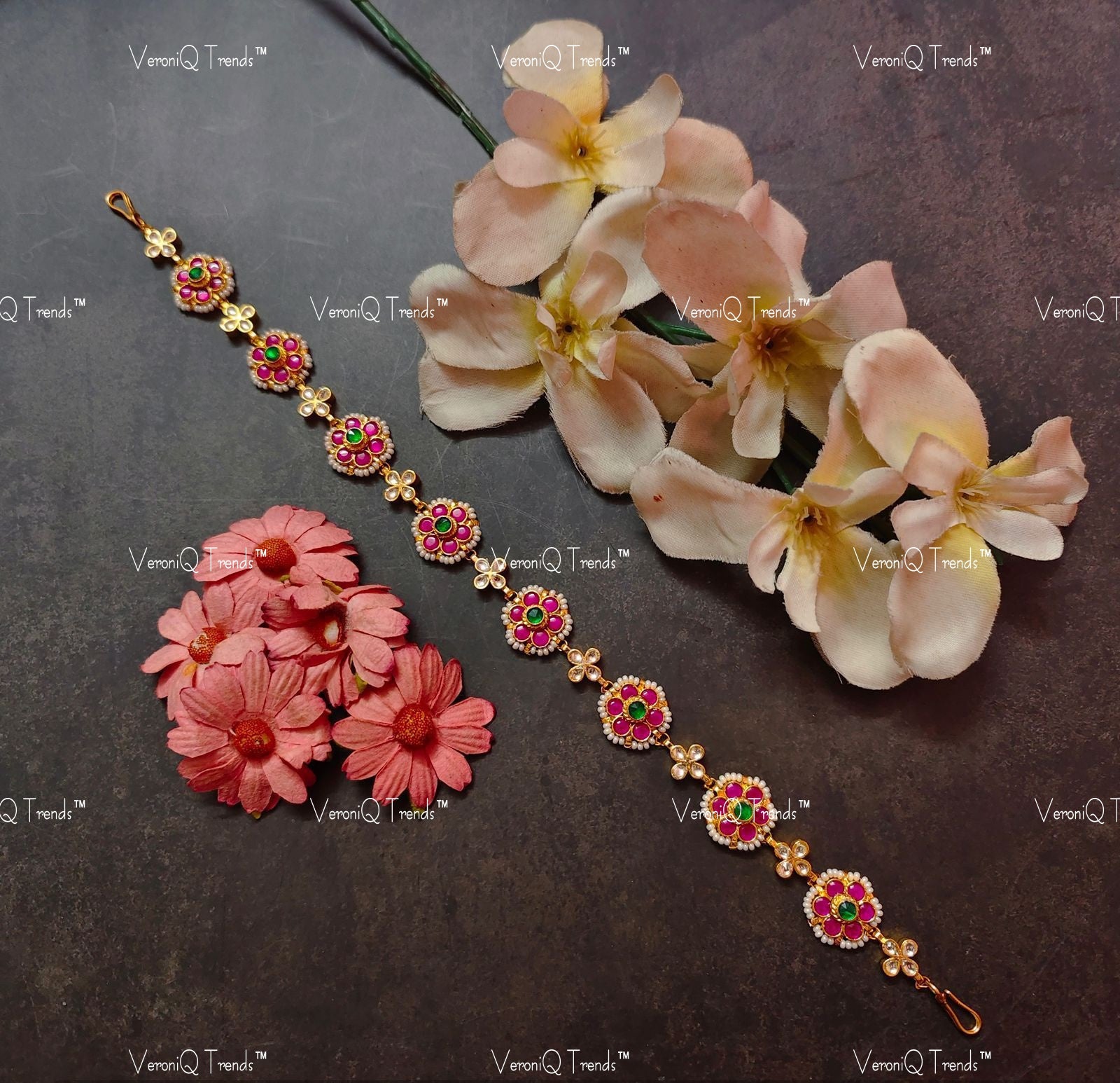 VeroniQ Trend-Kemp Stone Gold Plated Pachi Kundan Mathapatti Pachi Kundan-Gold Plated-Wedding Jewellery-Punjabi Jewellery-South Indian-Thappa Jewellery