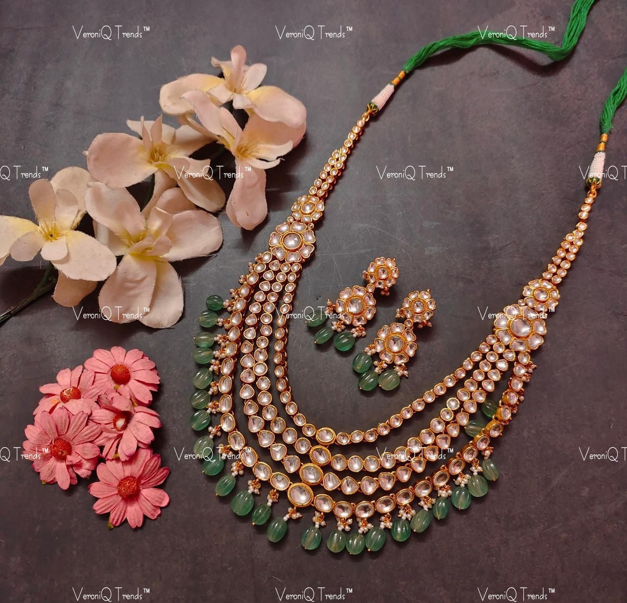 VeroniQ Trend-Multilayer Gold Plated Pachi Kundan Necklace with Beryls Pachi Kundan-Gold Plated-Wedding Jewellery-Punjabi Jewellery-South Indian-Thappa Jewellery