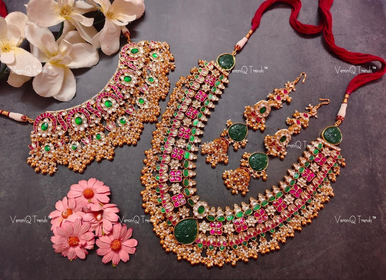 VeroniQ Trend-Multilayer Gold Plated Multicolor Pachi Kundan Choker and Long South Indian Bridal Necklace Pachi Kundan-Gold Plated-Wedding Jewellery-Punjabi Jewellery-South Indian-Thappa Jewellery