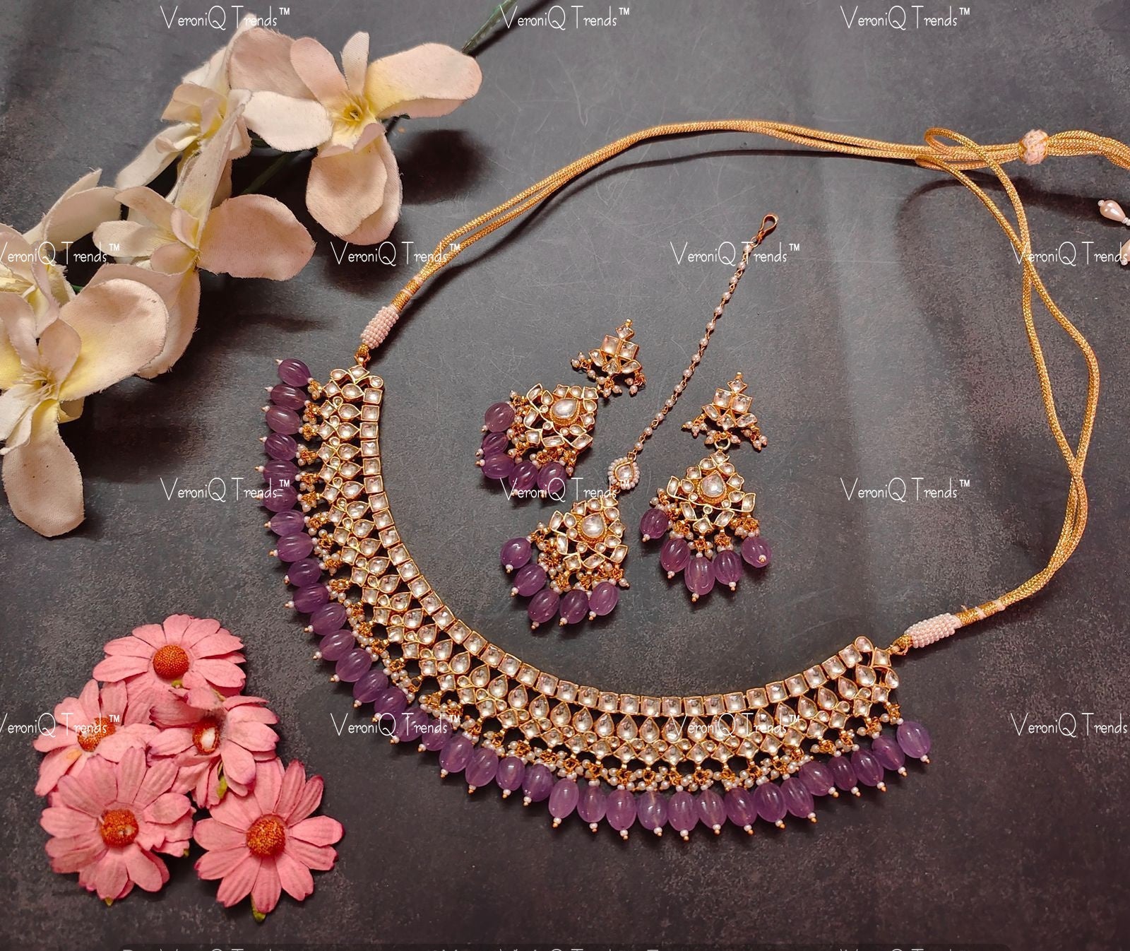 VeroniQ Trend-Amethyst Beads Gold Plated Pachi Kundan Choker Necklace Pachi Kundan-Gold Plated-Wedding Jewellery-Punjabi Jewellery-South Indian-Thappa Jewellery