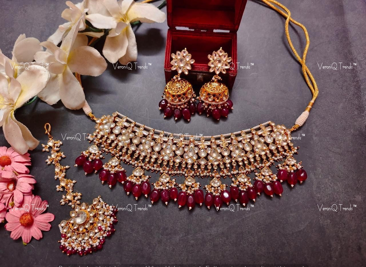 VeroniQ Trend-Ruby Color Beads Gold Plated Pachi Kundan Necklace Pachi Kundan-Gold Plated-Wedding Jewellery-Punjabi Jewellery-South Indian-Thappa Jewellery