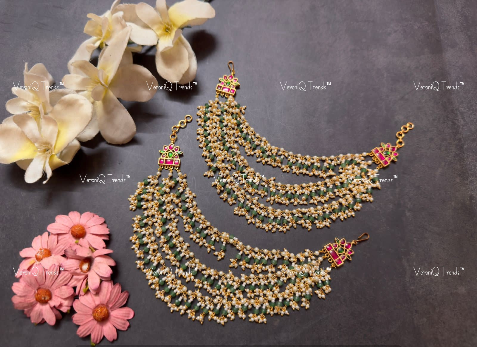 VeroniQ Trends-Gold Plated Pachi Kundan Earchain Pachi Kundan-Gold Plated-Wedding Jewellery-Punjabi Jewellery-South Indian-Thappa Jewellery