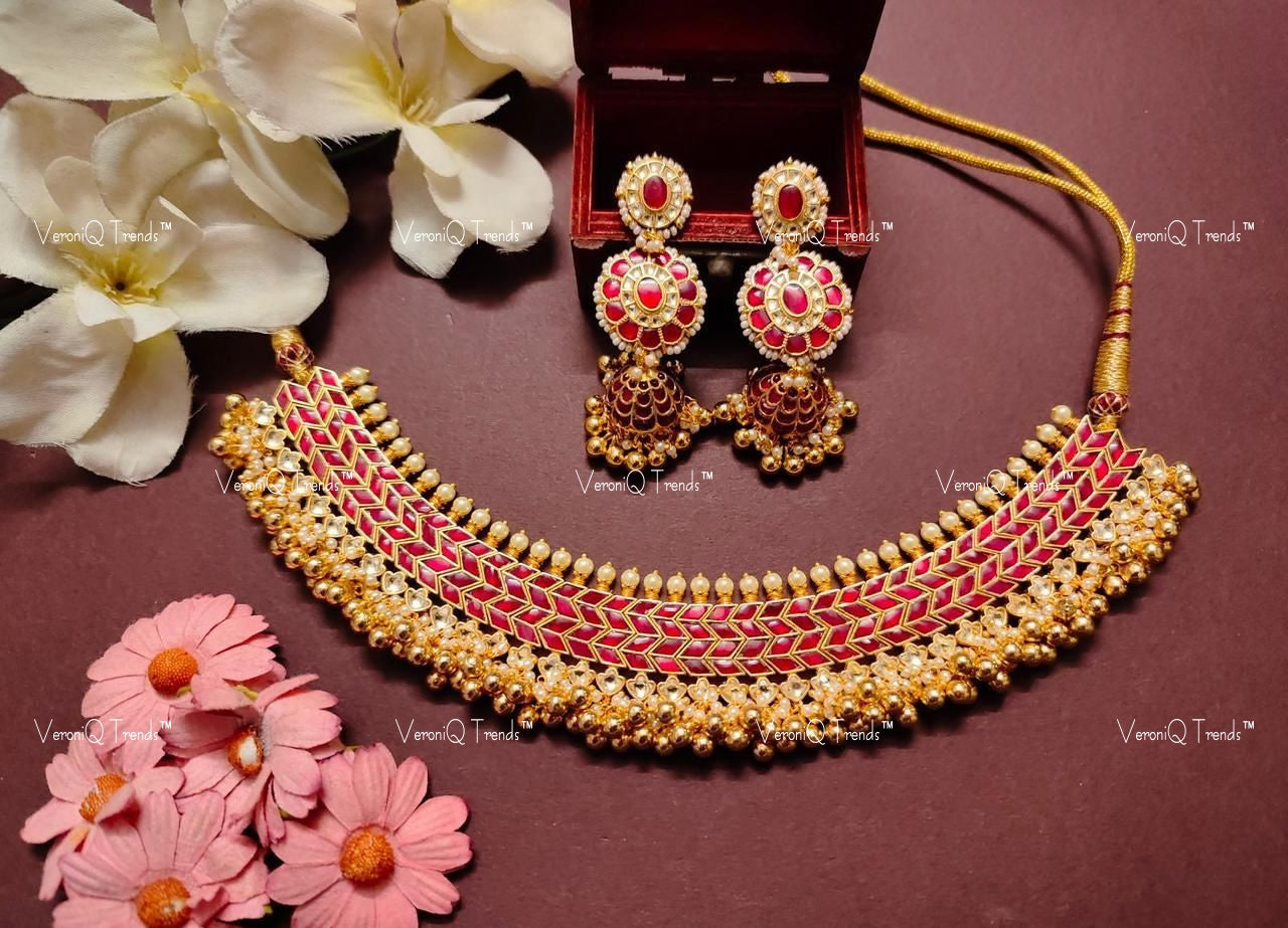 VeroniQ Trends-South Indian Style Kemp Stone Gold Plated Pachi Kundan Choker Necklace Pachi Kundan-Gold Plated-Wedding Jewellery-Punjabi Jewellery-South Indian-Thappa Jewellery