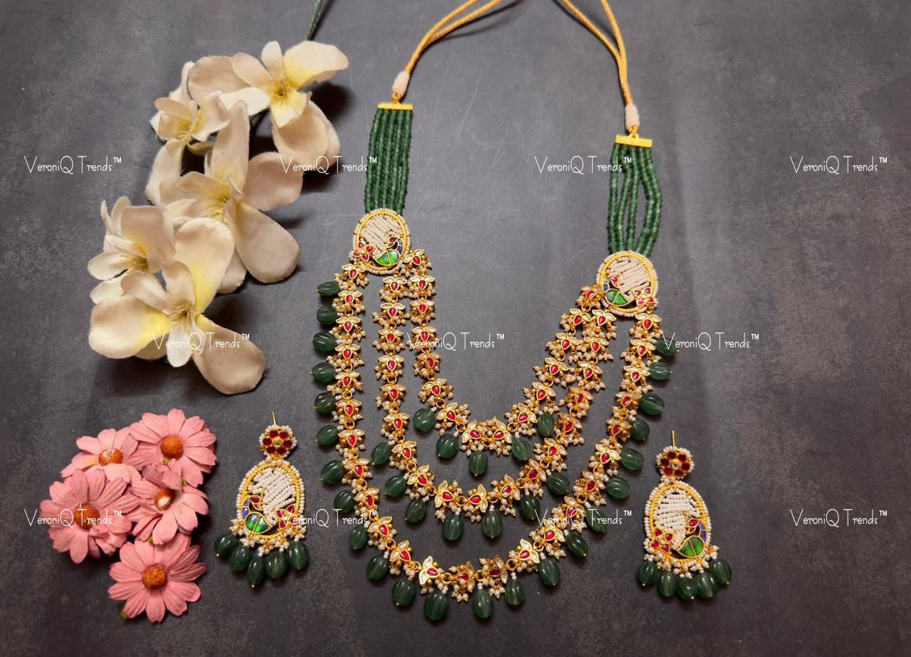 VeroniQ Trends-Peacock Design Multilayer Beryls Beads Pachi Kundan Necklace Pachi Kundan-Gold Plated-Wedding Jewellery-Punjabi Jewellery-South Indian-Thappa Jewellery