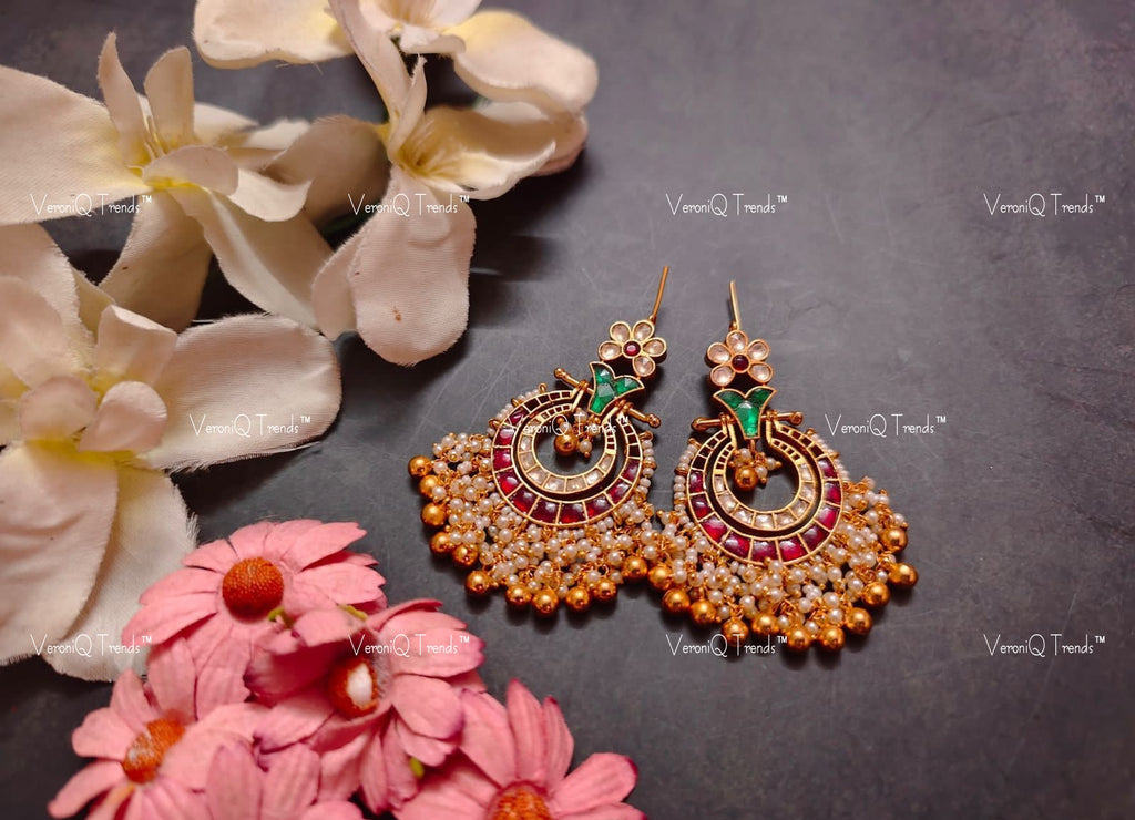 VeroniQ Trends-Chandbali Style Pachi Kundan Earrings With Kemp Stone Pachi Kundan-Gold Plated-Wedding Jewellery-Punjabi Jewellery-South Indian-Thappa Jewellery