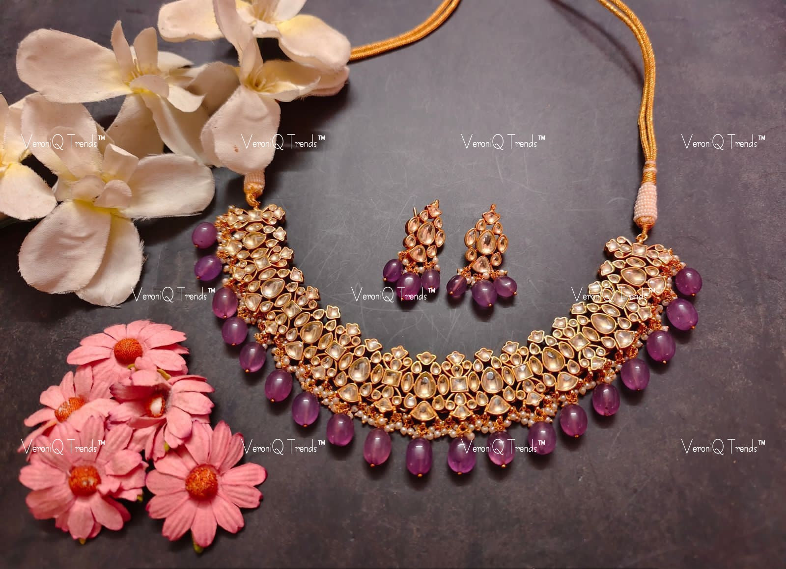 VeroniQ Trends-Amethyst Beads With Jadau Kundan Pachi Kundan Necklace Pachi Kundan-Gold Plated-Wedding Jewellery-Punjabi Jewellery-South Indian-Thappa Jewellery