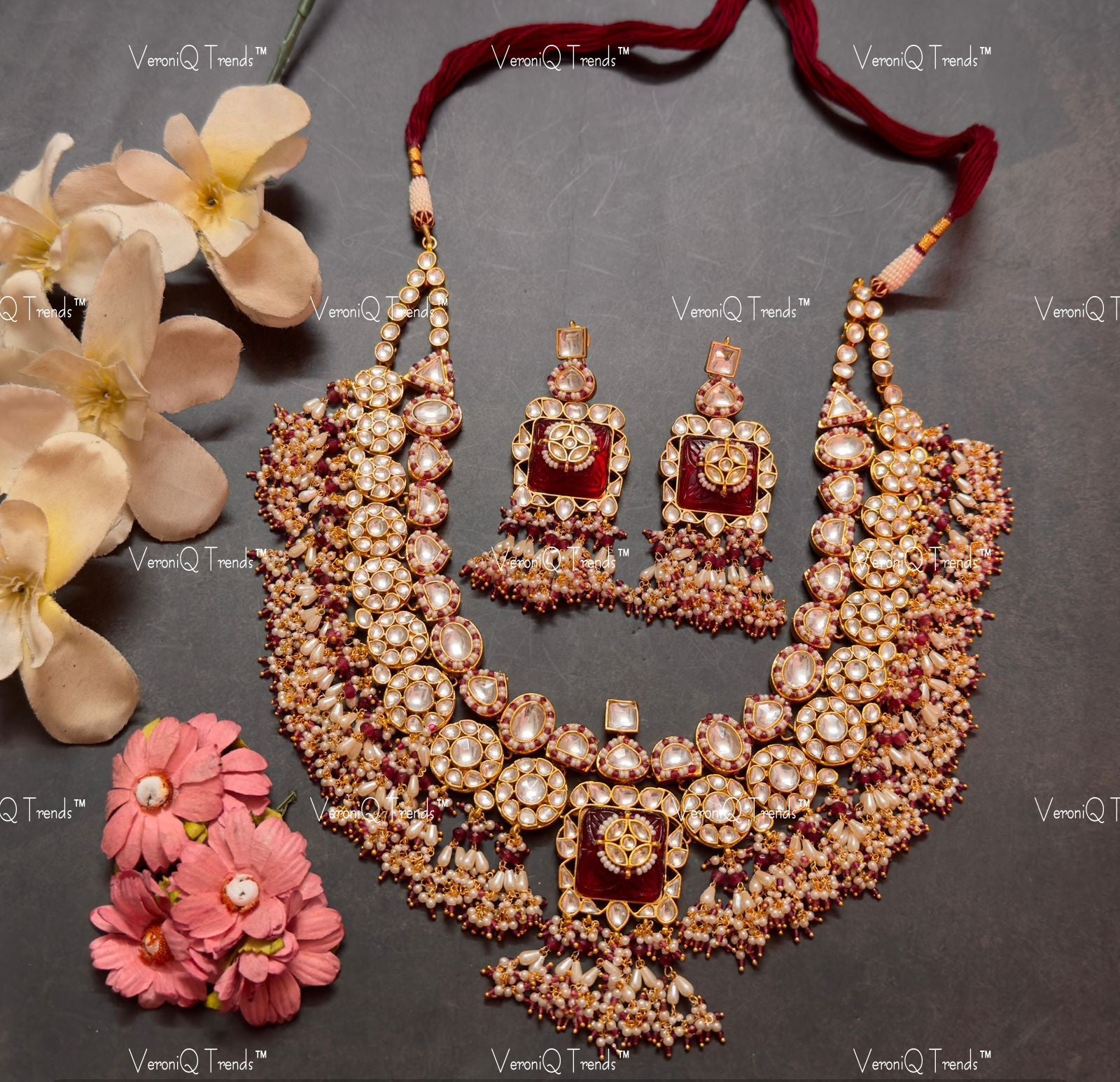 VeroniQ Trends-Bridal Red Carved Heavy Pachi Kundan Necklace Pachi Kundan-Gold Plated-Wedding Jewellery-Punjabi Jewellery-South Indian-Thappa Jewellery