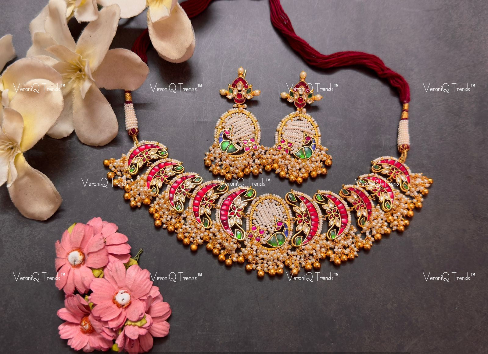 VeroniQ Trends-Royal Kemp Stone and Pachi Kundan Choker Necklace Pachi Kundan-Gold Plated-Wedding Jewellery-Punjabi Jewellery-South Indian-Thappa Jewellery