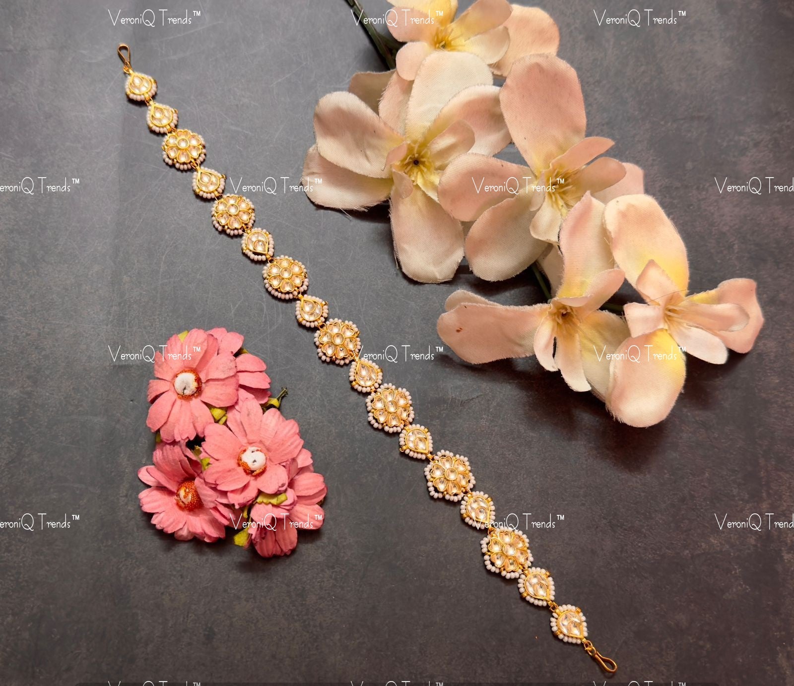 VeroniQ Trends-Damini Gold Plated Pachi Kundan Hairband Mathapatti Pachi Kundan-Gold Plated-Wedding Jewellery-Punjabi Jewellery-South Indian-Thappa Jewellery