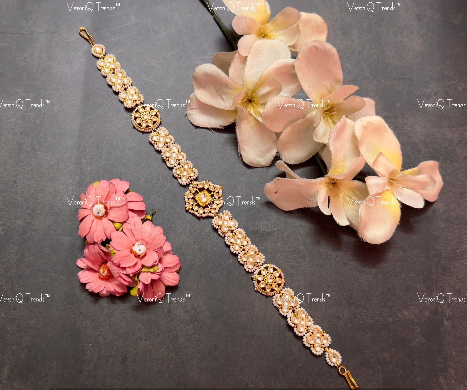 VeroniQ Trends-Traditional Damini Gold Plated Pachi Kundan Hairband Mathapatti Pachi Kundan-Gold Plated-Wedding Jewellery-Punjabi Jewellery-South Indian-Thappa Jewellery
