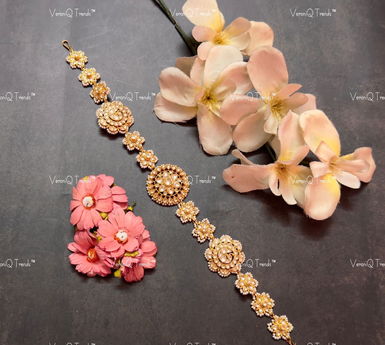 VeroniQ Trends-Floral Style Gold Plated Pachi Kundan Damini Mathapatti Pachi Kundan-Gold Plated-Wedding Jewellery-Punjabi Jewellery-South Indian-Thappa Jewellery