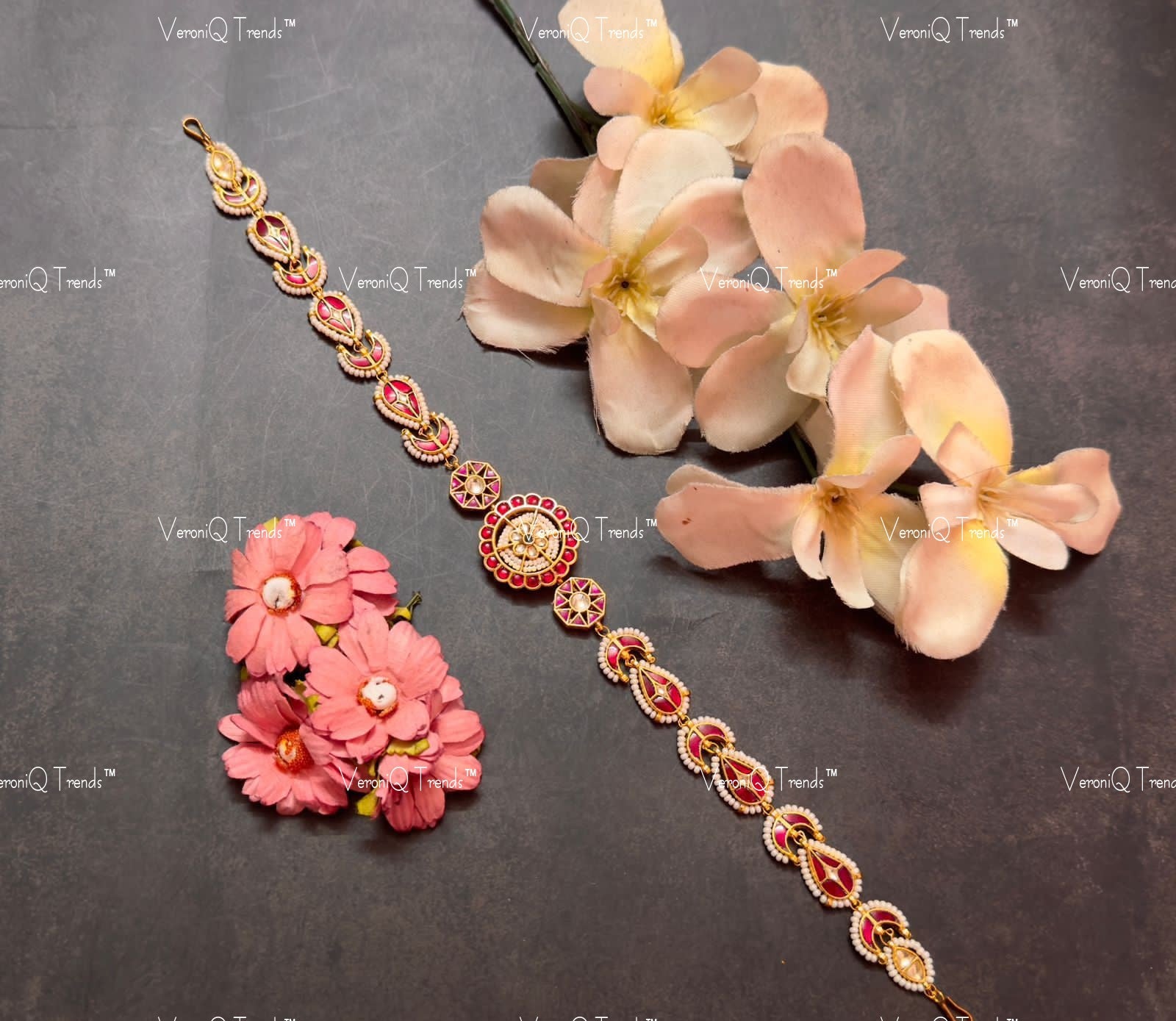 VeroniQ Trends-Rajasthani Kemp Stone Gold Plated Pachi Kundan Damini Mathapatti Pachi Kundan-Gold Plated-Wedding Jewellery-Punjabi Jewellery-South Indian-Thappa Jewellery