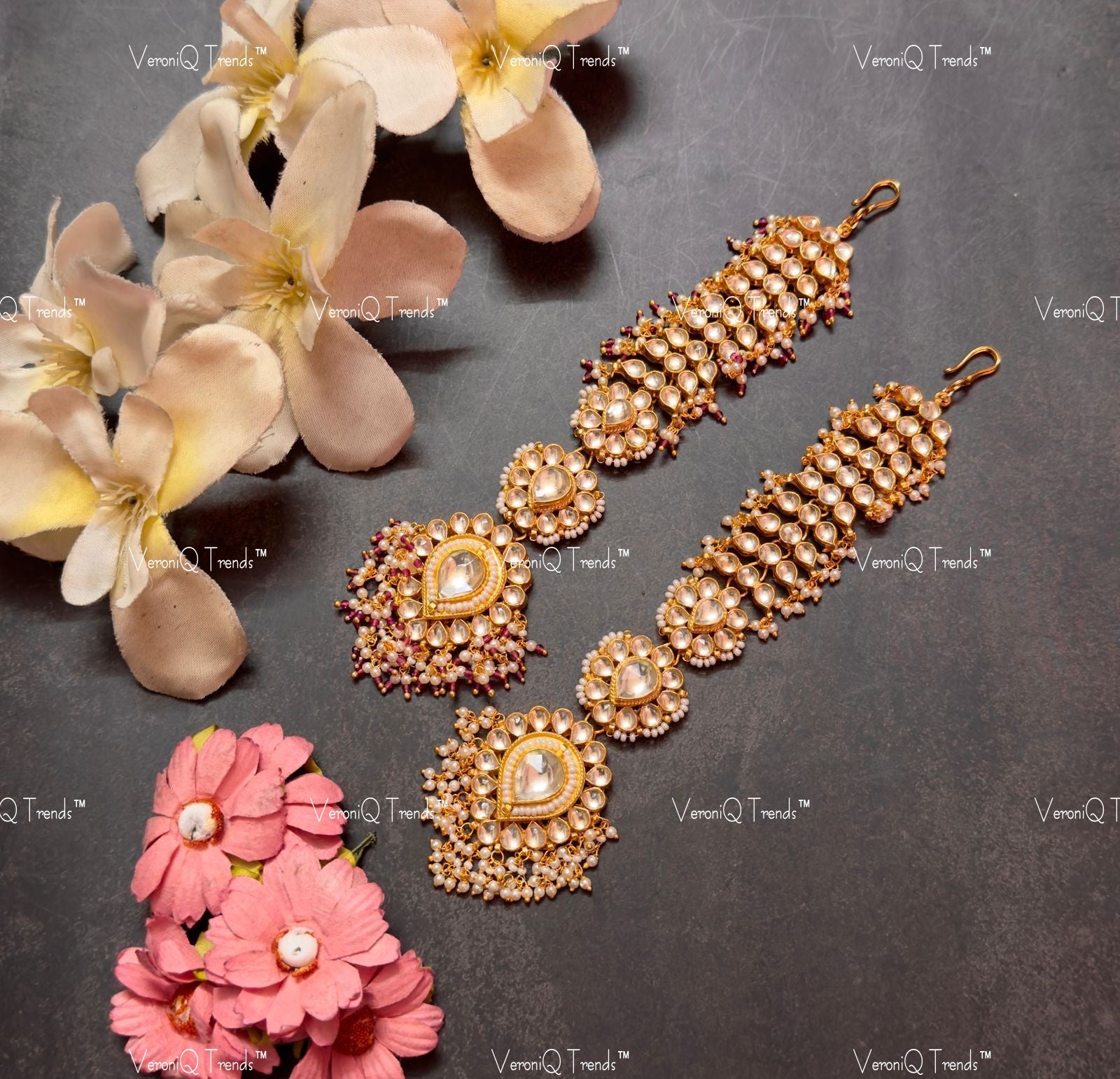 VeroniQ Trends-Royal Drop Design Gold Plated Pachi Kundan Maang Tika Pachi Kundan-Gold Plated-Wedding Jewellery-Punjabi Jewellery-South Indian-Thappa Jewellery