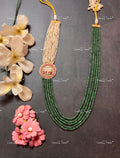 VeroniQ Trends-Multistrand Pearl And Green Beads Pachi Kundan Long Mala Necklace Pachi Kundan-Gold Plated-Wedding Jewellery-Punjabi Jewellery-South Indian-Thappa Jewellery