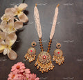 VeroniQ Trends-Rajwadi Style Kemp Stone Gold Plated Pachi Kundan Long Necklace With Earrings Pachi Kundan-Gold Plated-Wedding Jewellery-Punjabi Jewellery-South Indian-Thappa Jewellery