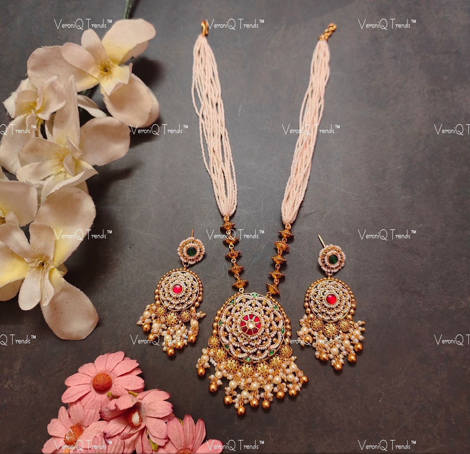VeroniQ Trends-Rajwadi Style Kemp Stone Gold Plated Pachi Kundan Long Necklace With Earrings Pachi Kundan-Gold Plated-Wedding Jewellery-Punjabi Jewellery-South Indian-Thappa Jewellery