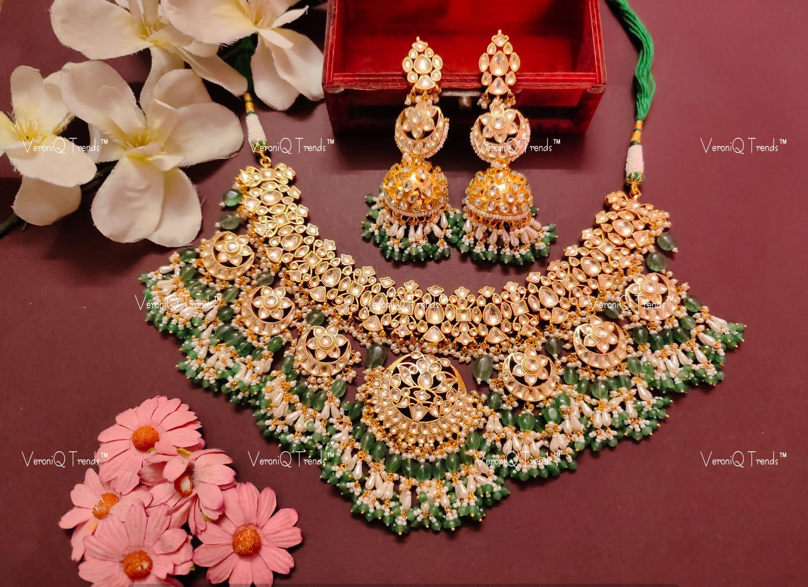 VeroniQ Trends-Bridal Kundan Gold Plated Pachi Kundan Necklace With Chandbali Jhumki Earrings Pachi Kundan-Gold Plated-Wedding Jewellery-Punjabi Jewellery-South Indian-Thappa Jewellery