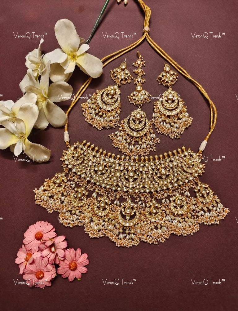 VeroniQ Trends-Bridal Chandbali Style Kundan Gold Plated Pachi Kundan Necklace Pachi Kundan-Gold Plated-Wedding Jewellery-Punjabi Jewellery-South Indian-Thappa Jewellery