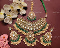 VeroniQ Trends-Bridal Green Carved Kundan and Green Beads Gold Plated Pachi Kundan Necklace With Earrings And Maang Tika Pachi Kundan-Gold Plated-Wedding Jewellery-Punjabi Jewellery-South Indian-Thappa Jewellery