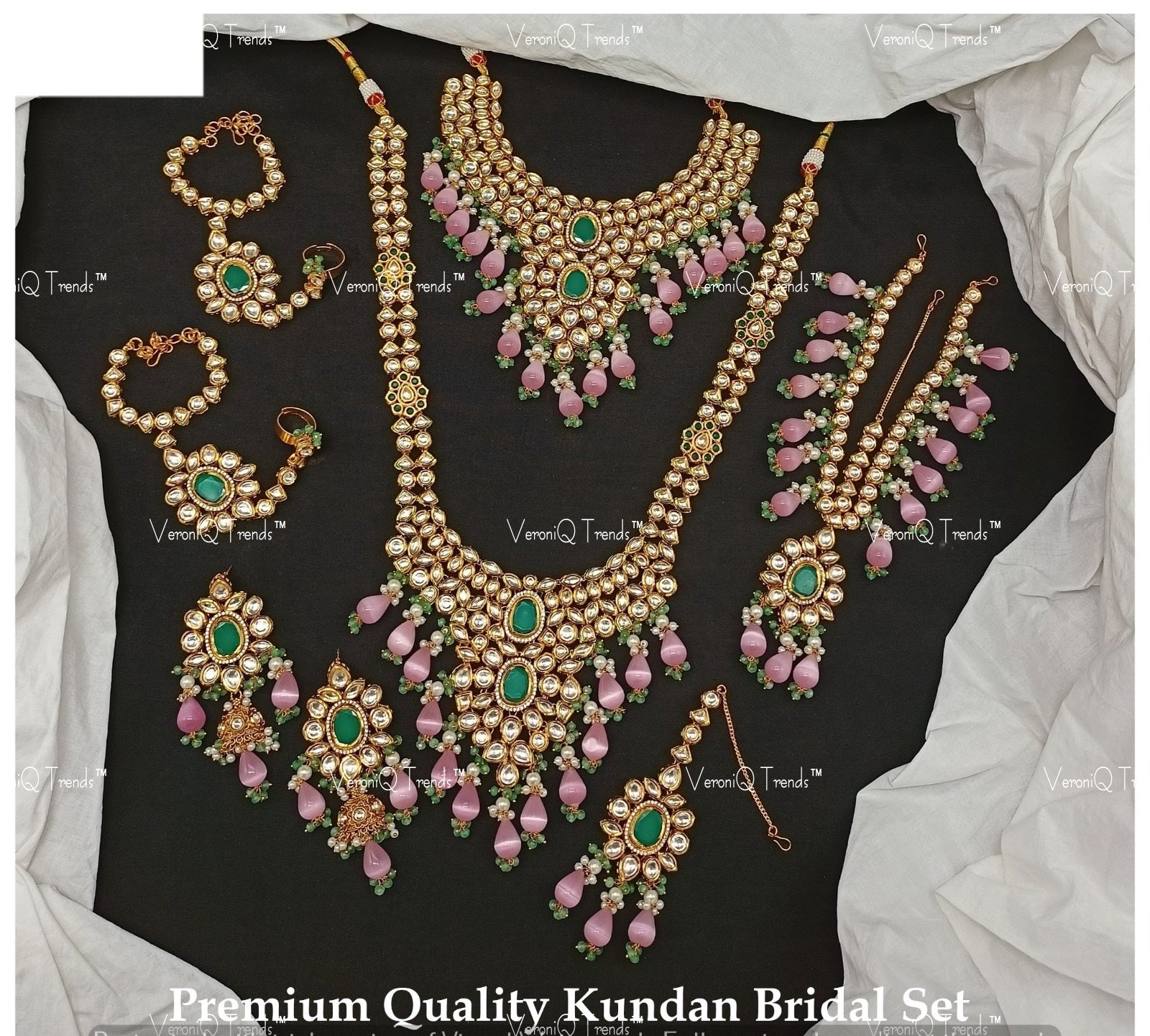 VeroniQ Trends-Bridal High Quality Kundan Polki Long Choker Necklace With Earrings Haath Phool Maang Tika And Matha Patti Polki-Gold Plated-Wedding Jewellery-Punjabi Jewellery-South Indian-Thappa Jewellery