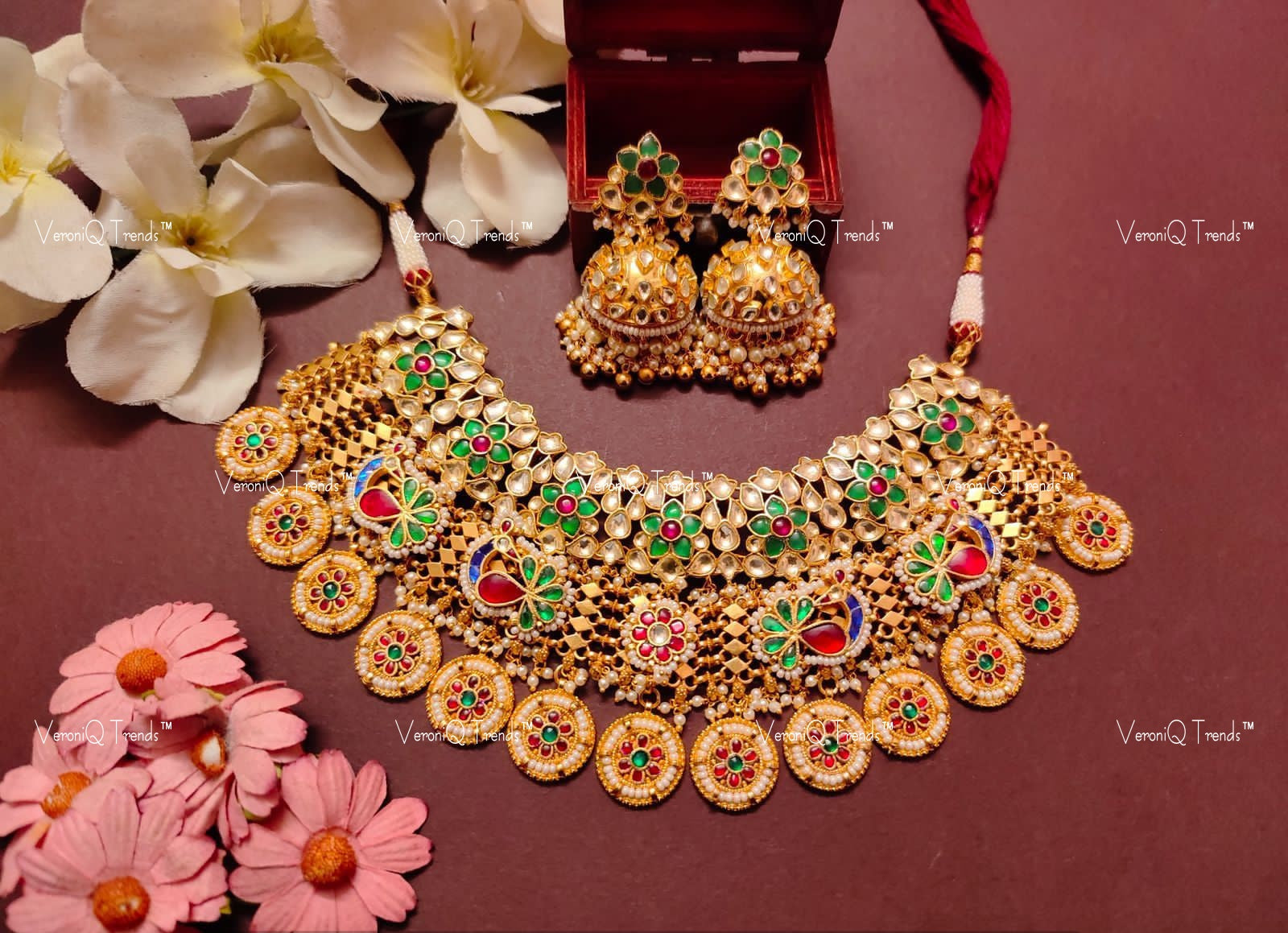 VeroniQ Trends-Rajwadi Style Peacock Design Gold Plated Kemp Stone Pachi Kundan Necklace Pachi Kundan-Gold Plated-Wedding Jewellery-Punjabi Jewellery-South Indian-Thappa Jewellery