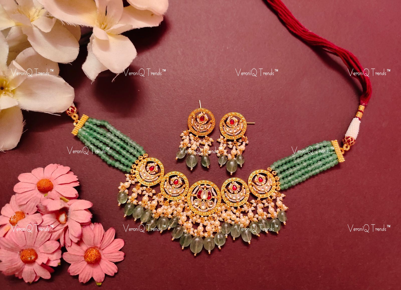VeroniQ Trends-Multistrand Beryls Beaded Gold Plated Pachi Kundan Choker Necklace Pachi Kundan-Gold Plated-Wedding Jewellery-Punjabi Jewellery-South Indian-Thappa Jewellery