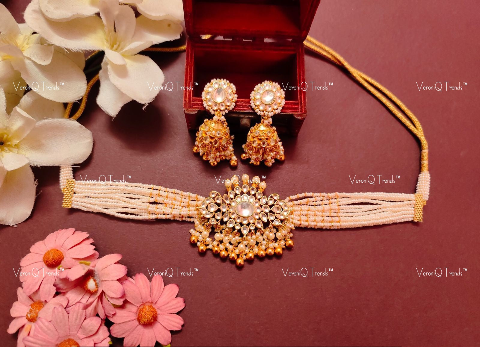 VeroniQ Trends-Multistrand Beaded Gold Plated Pachi Kundan Choker Necklace Pachi Kundan-Gold Plated-Wedding Jewellery-Punjabi Jewellery-South Indian-Thappa Jewellery