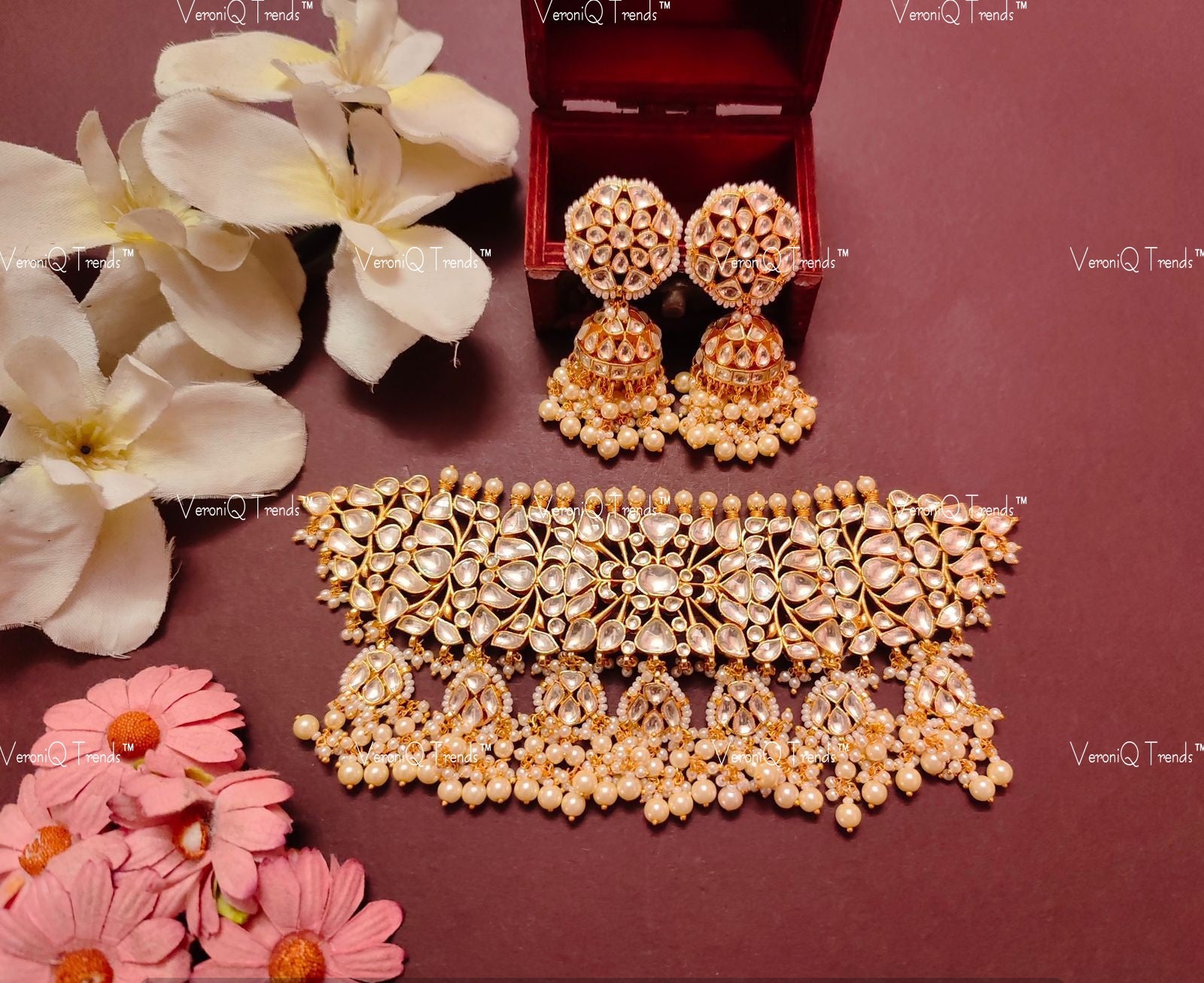 VeroniQ Trends-Traditional Jadau Kundan and Pearl Gold Plated Pachi Kundan Choker Necklace Pachi Kundan-Gold Plated-Wedding Jewellery-Punjabi Jewellery-South Indian-Thappa Jewellery