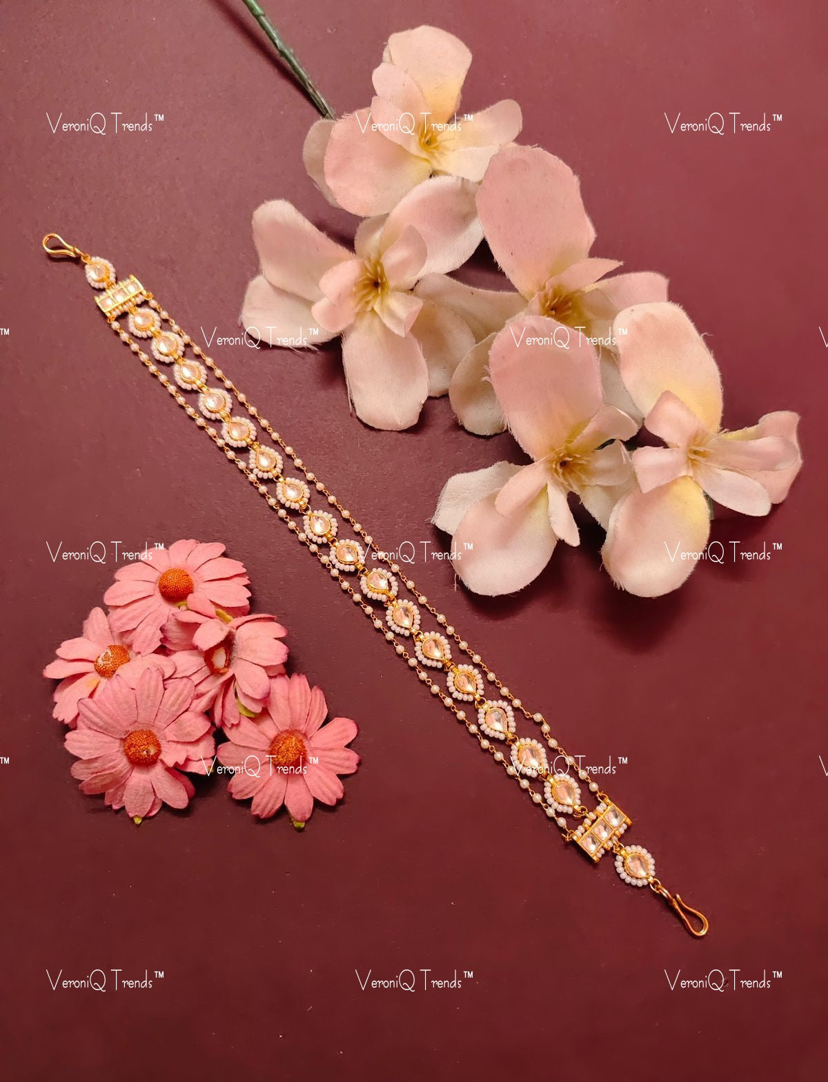 VeroniQ Trends-Gold Plated Pearl And Pachi Kundan Hairband Mathapatti Pachi Kundan-Gold Plated-Wedding Jewellery-Punjabi Jewellery-South Indian-Thappa Jewellery