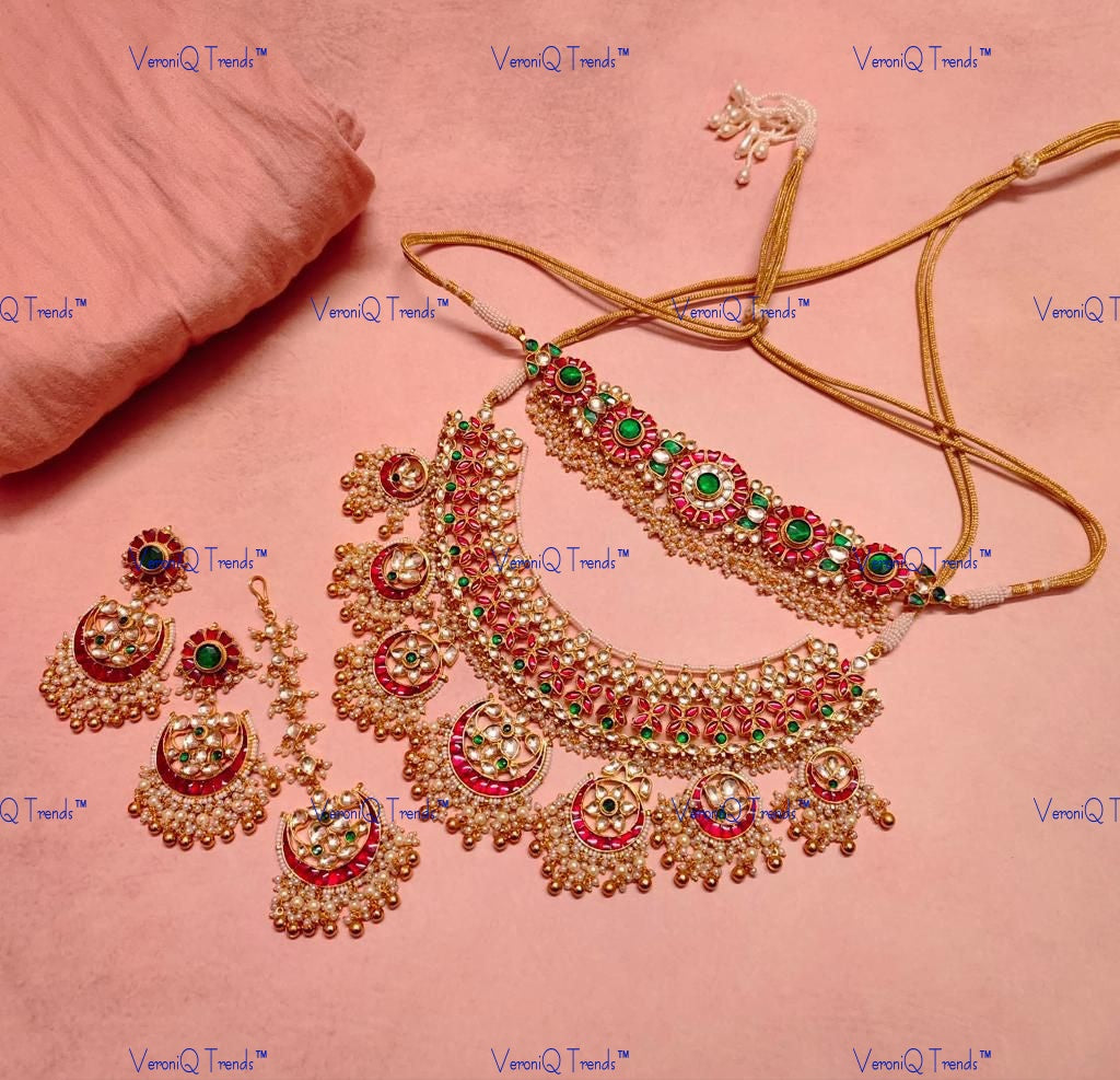 VeroniQ Trends-Traditional Rajasthani Bridal Kemp Stone Gold Plated Pachi Kundan Choker and Collar Necklace With Earrings and Maang Tika Pachi Kundan-Gold Plated-Wedding Jewellery-Punjabi Jewellery-South Indian-Thappa Jewellery