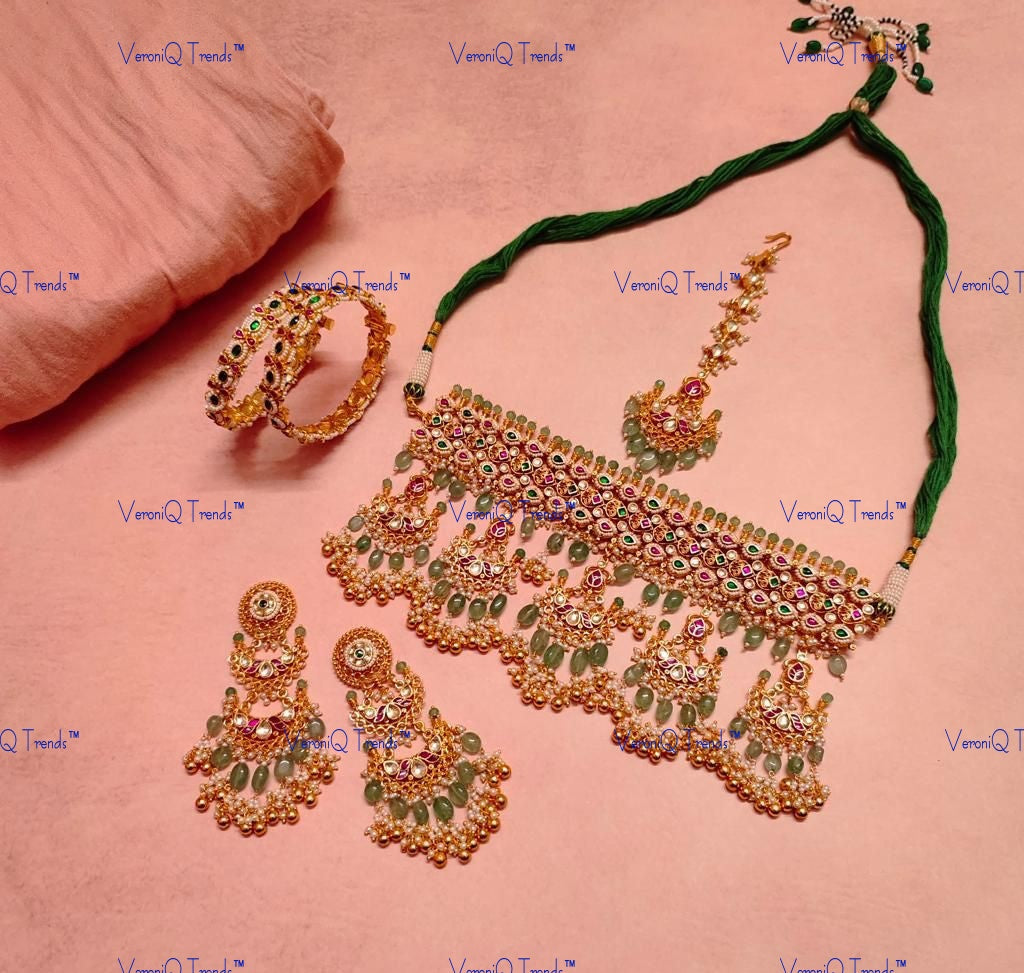 VeroniQ Trends-Gold Plated Green Beads Pachi Kundan Choker Necklace Pachi Kundan-Gold Plated-Wedding Jewellery-Punjabi Jewellery-South Indian-Thappa Jewellery