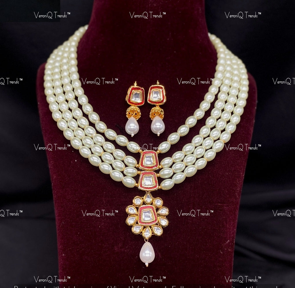 VeroniQ Trends-Multi-Line Beaded Kundan Polki Long Necklace Polki-Gold Plated-Wedding Jewellery-Punjabi Jewellery-South Indian-Thappa Jewellery