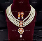 VeroniQ Trends-Multi-Line Beaded Kundan Polki Long Necklace Polki-Gold Plated-Wedding Jewelry-Punjabi Jewelry-South Indian-Thappa Jewelry