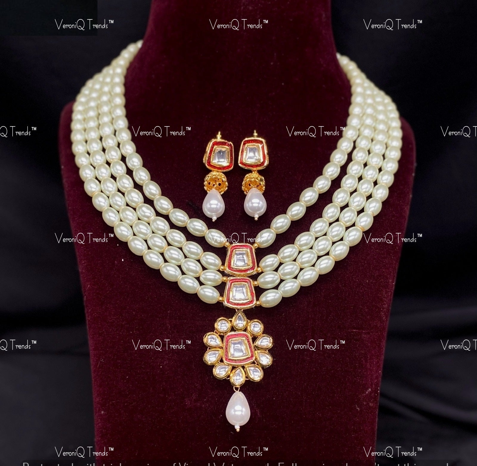 VeroniQ Trends-Multi-Line Beaded Kundan Polki Long Necklace Polki-Gold Plated-Wedding Jewellery-Punjabi Jewellery-South Indian-Thappa Jewellery