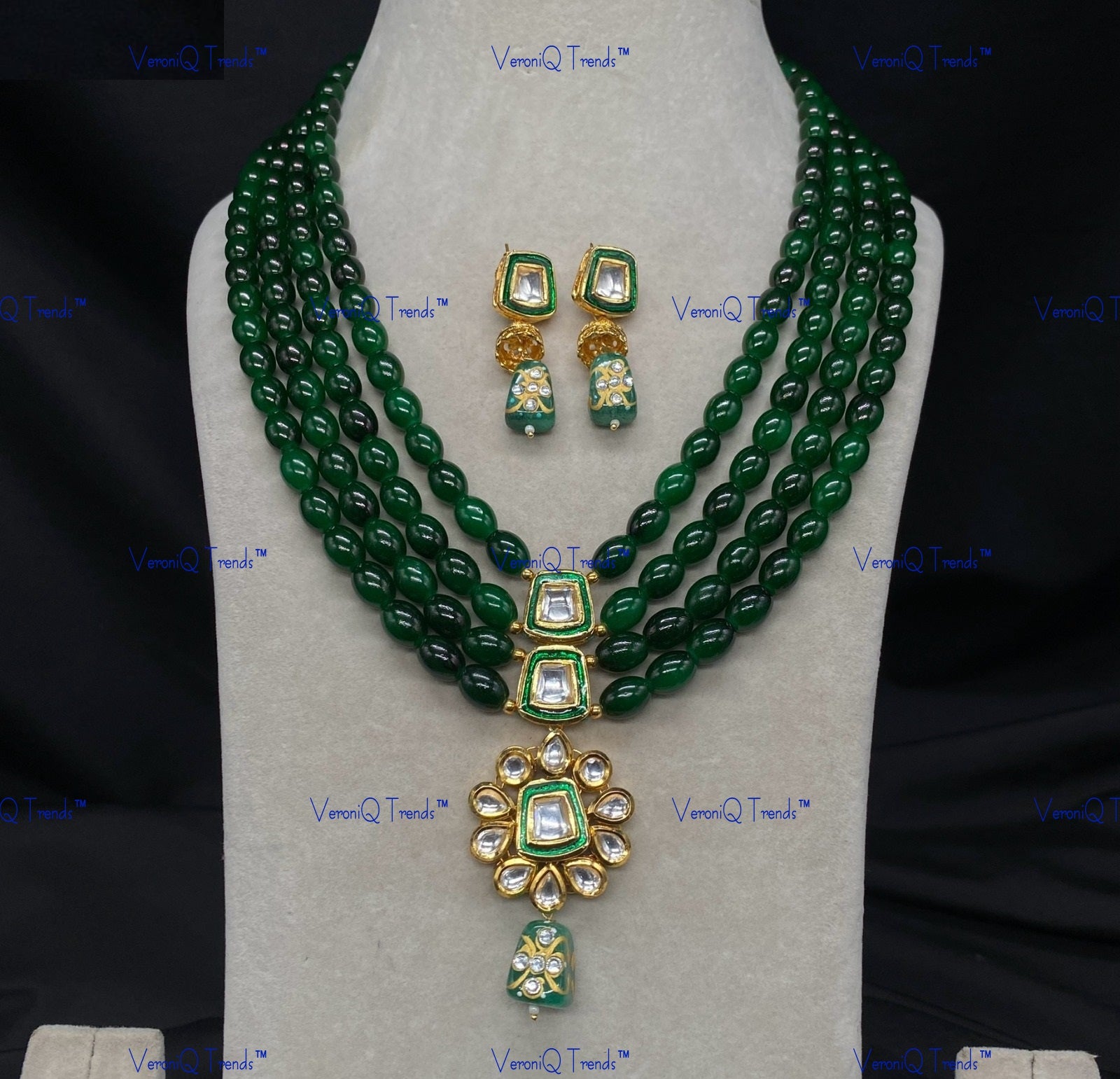 VeroniQ Trends-Multi-Line Beaded Kundan Polki Long Necklace Polki-Gold Plated-Wedding Jewellery-Punjabi Jewellery-South Indian-Thappa Jewellery