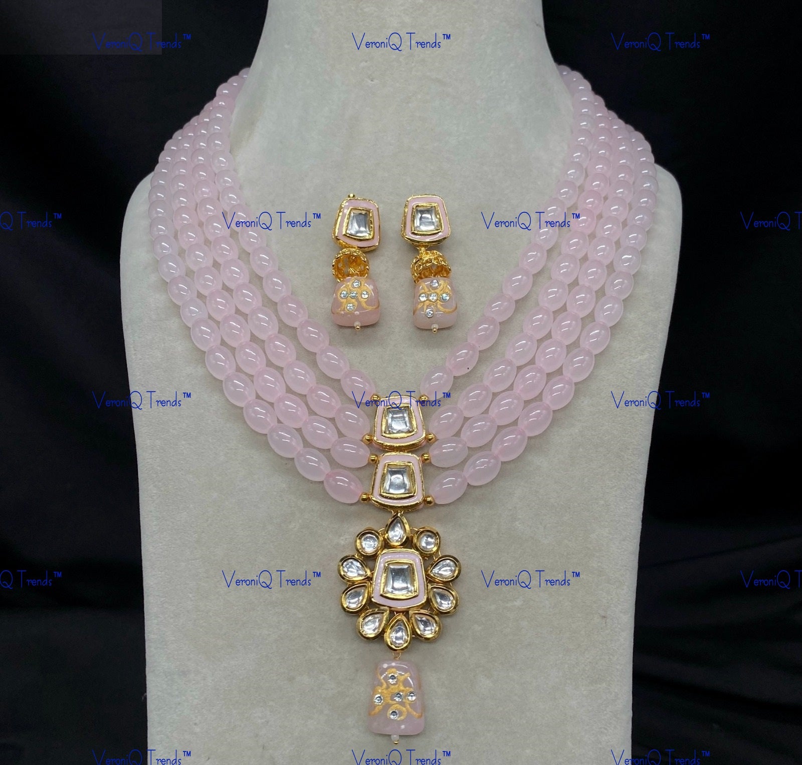 VeroniQ Trends-Multi-Line Beaded Kundan Polki Long Necklace Polki-Gold Plated-Wedding Jewellery-Punjabi Jewellery-South Indian-Thappa Jewellery