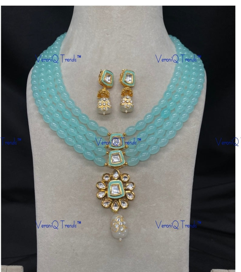 VeroniQ Trends-Multi-Line Beaded Kundan Polki Long Necklace Polki-Gold Plated-Wedding Jewellery-Punjabi Jewellery-South Indian-Thappa Jewellery