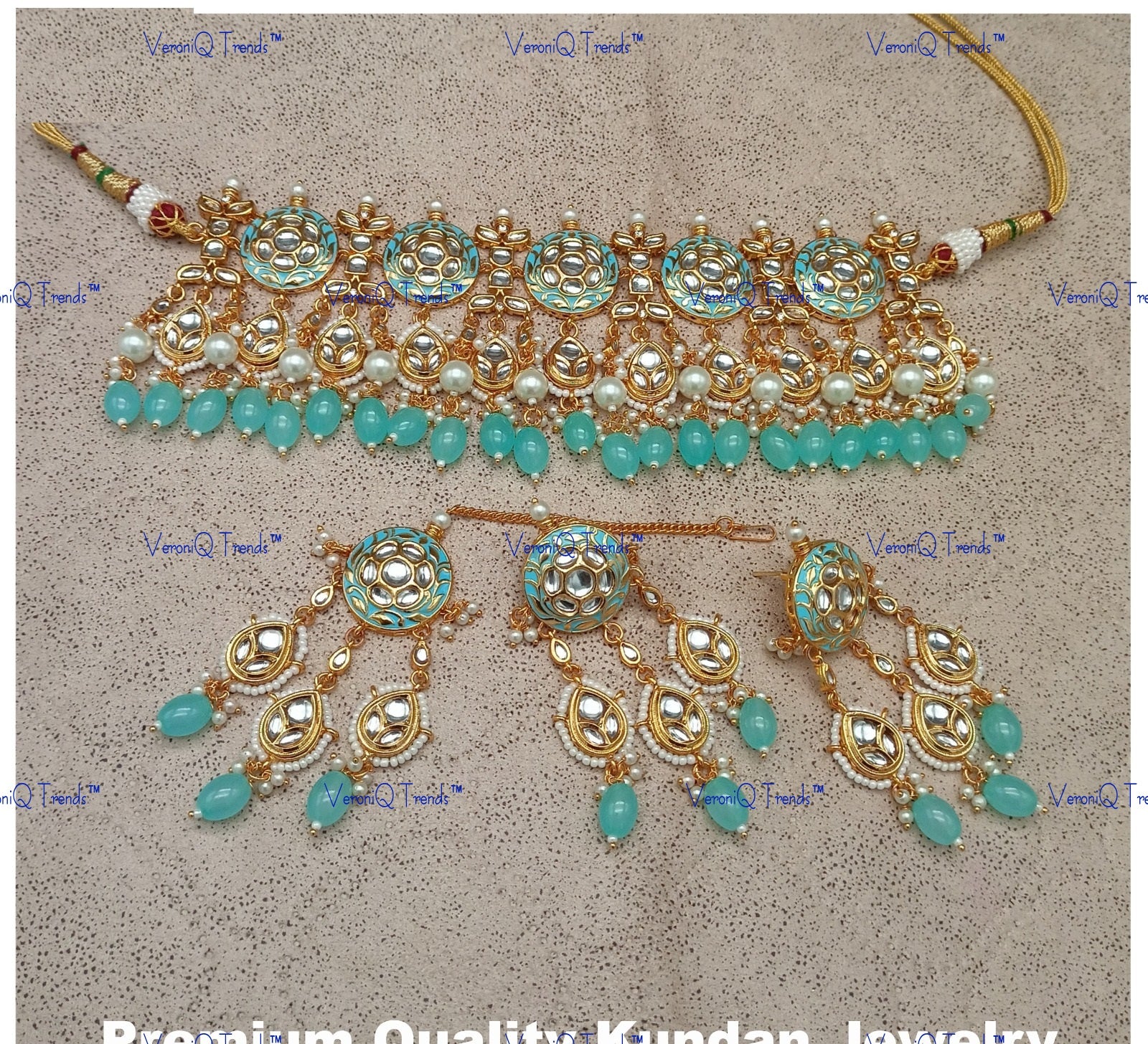 VeroniQ Trends-Traditional Bridal Gold Plated Kundan Polki Choker Necklace With Turquoise Blue Beads Kundan-Gold Plated-Wedding Jewellery-Punjabi Jewellery-South Indian-Thappa Jewellery