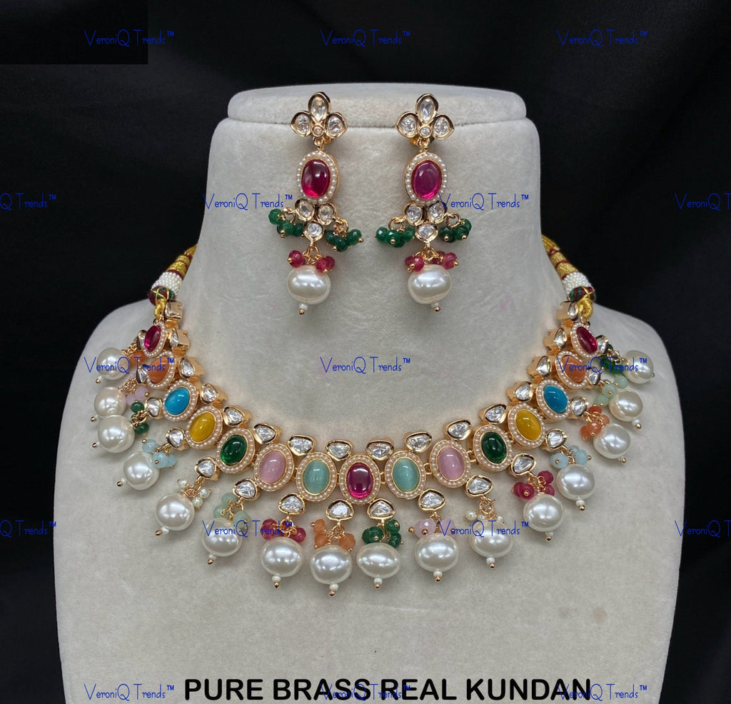 VeroniQ Trends-Traditional Gold Plated Pearl Kundan Polki Choker Necklace Kundan-Gold Plated-Wedding Jewellery-Punjabi Jewellery-South Indian-Thappa Jewellery
