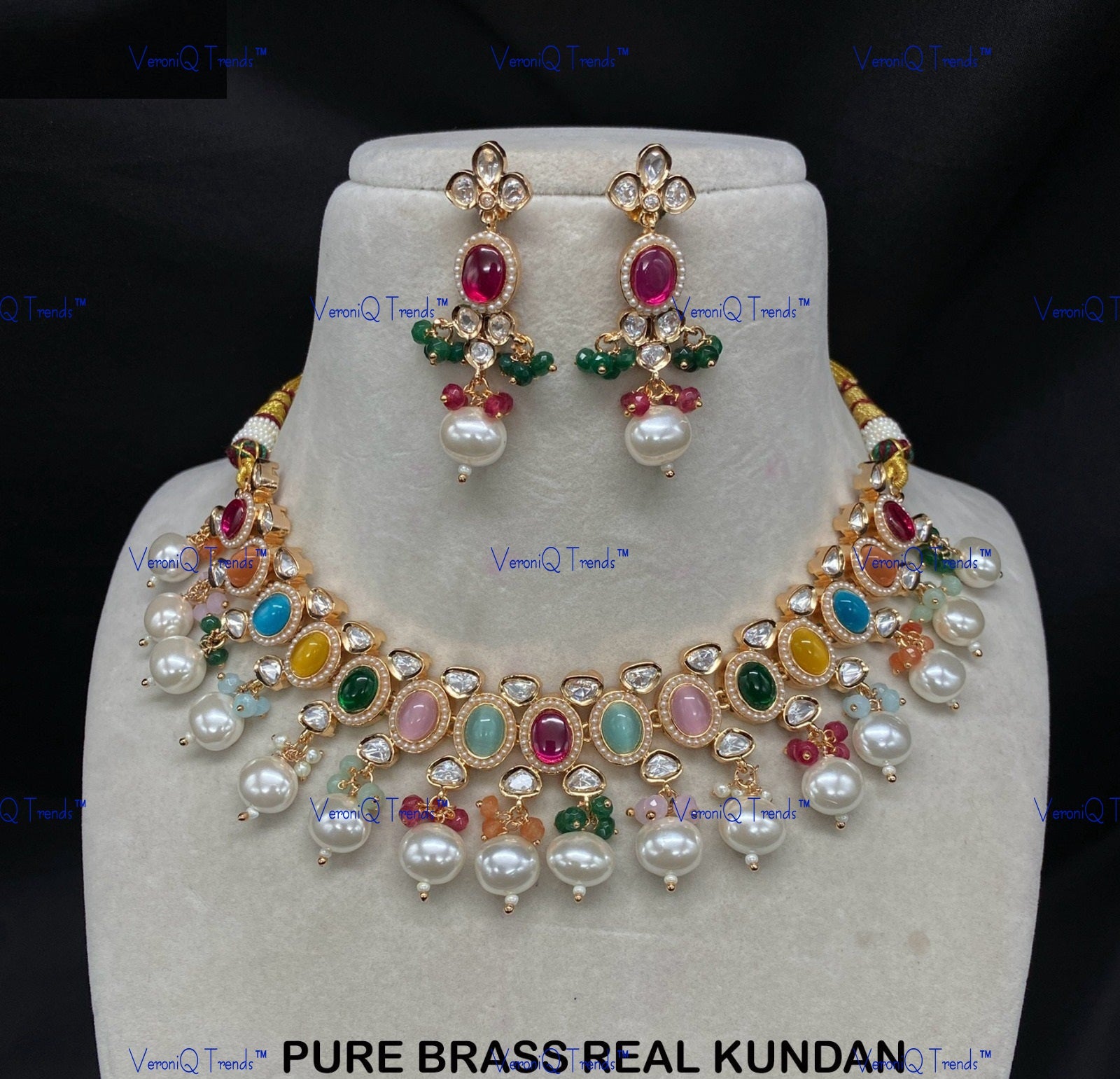 VeroniQ Trends-Traditional Gold Plated Pearl Kundan Polki Choker Necklace Kundan-Gold Plated-Wedding Jewellery-Punjabi Jewellery-South Indian-Thappa Jewellery