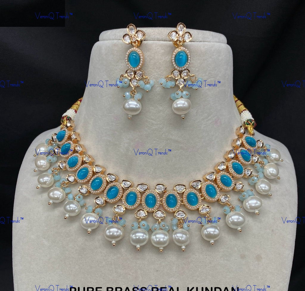 VeroniQ Trends-Traditional Gold Plated Pearl Kundan Polki Choker Necklace Kundan-Gold Plated-Wedding Jewellery-Punjabi Jewellery-South Indian-Thappa Jewellery