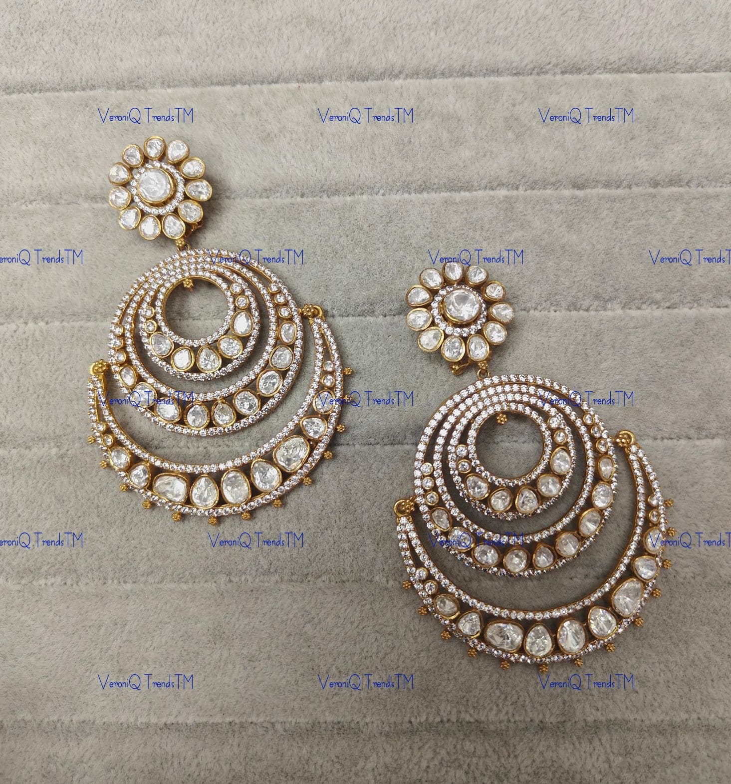 VeroniQ Trends-Traditional Gold Plated Chandbali Style Brass Moissanite Earrings Brass Moissanite-Gold Plated-Wedding Jewellery-Punjabi Jewellery-South Indian-Thappa Jewellery