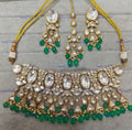 VeroniQ Trends-Victorian Bridal Gold Plated Polki Choker Necklace with Green Beads Polki-Gold Plated-Wedding Jewellery-Punjabi Jewellery-South Indian-Thappa Jewellery